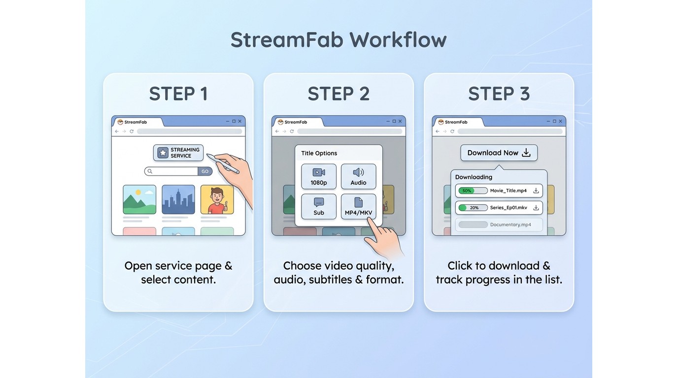 Three-step StreamFab workflow for choosing a title, setting resolution and subtitles, and downloadin