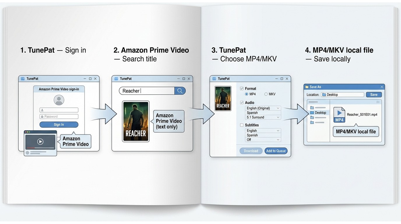 How TunePat downloads Amazon Prime Video through sign-in, title search, format selection, and local