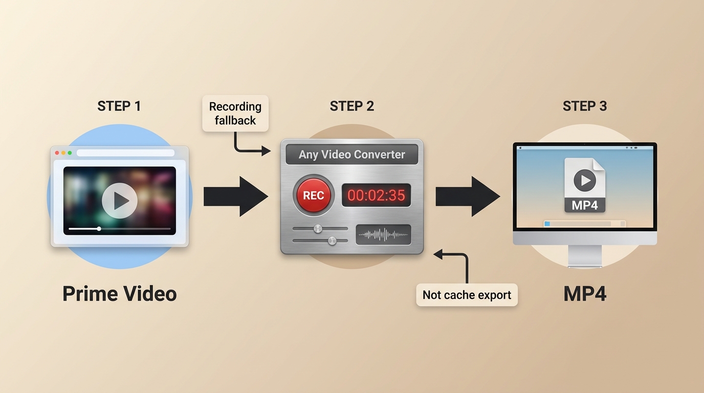 Any Video Converter workflow showing Prime Video screen recording and MP4 export as a fallback metho