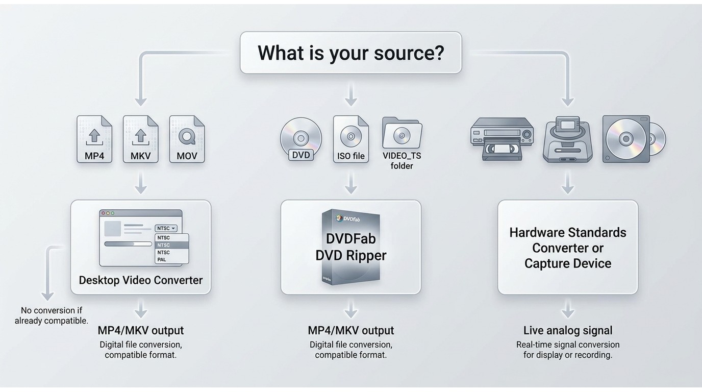 Decision path for NTSC/PAL conversion by source: file, DVD/ISO, or VHS and consoles
