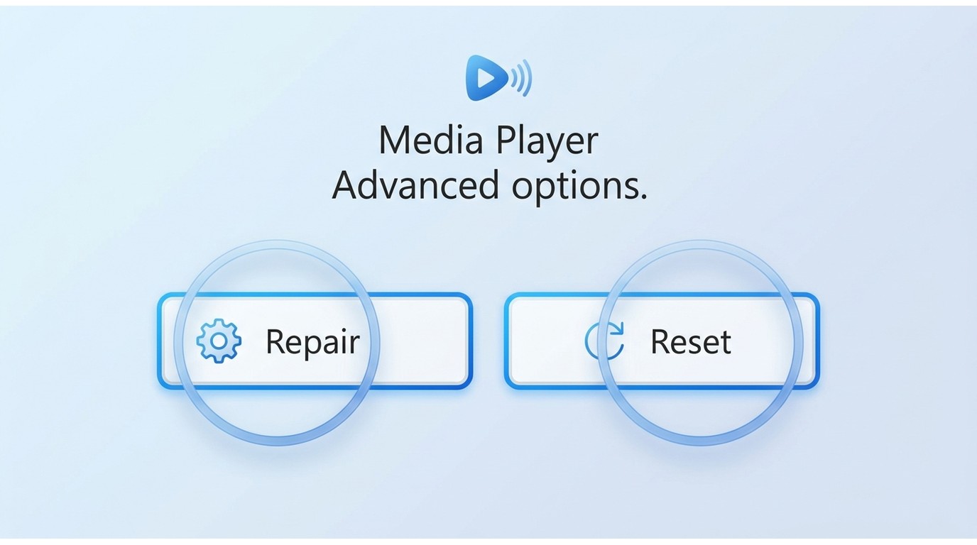 Media Player Advanced options page with Repair and Reset controls in Windows 11