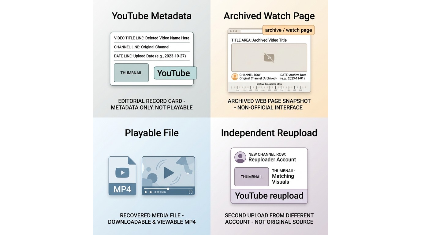 Differences between metadata, archived watch pages, playable files, and reuploads for deleted YouTub