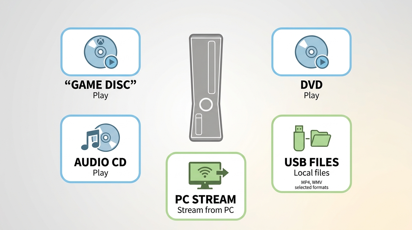 Options multimédia de la Xbox 360, notamment disques de jeu, DVD, CD audio, fichiers vidéo USB et lecture réseau