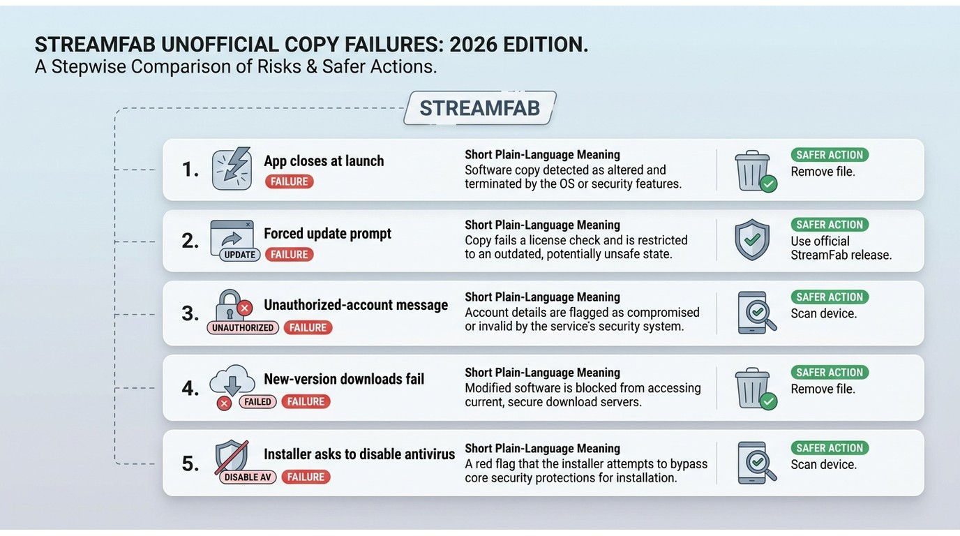 Comparison of StreamFab crack failure signs, what they may mean, and safer next steps