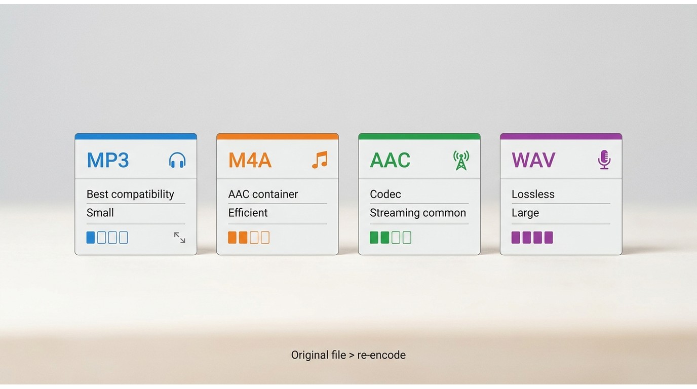 Comparison of MP3, M4A, AAC, and WAV by compatibility, compression, and file size
