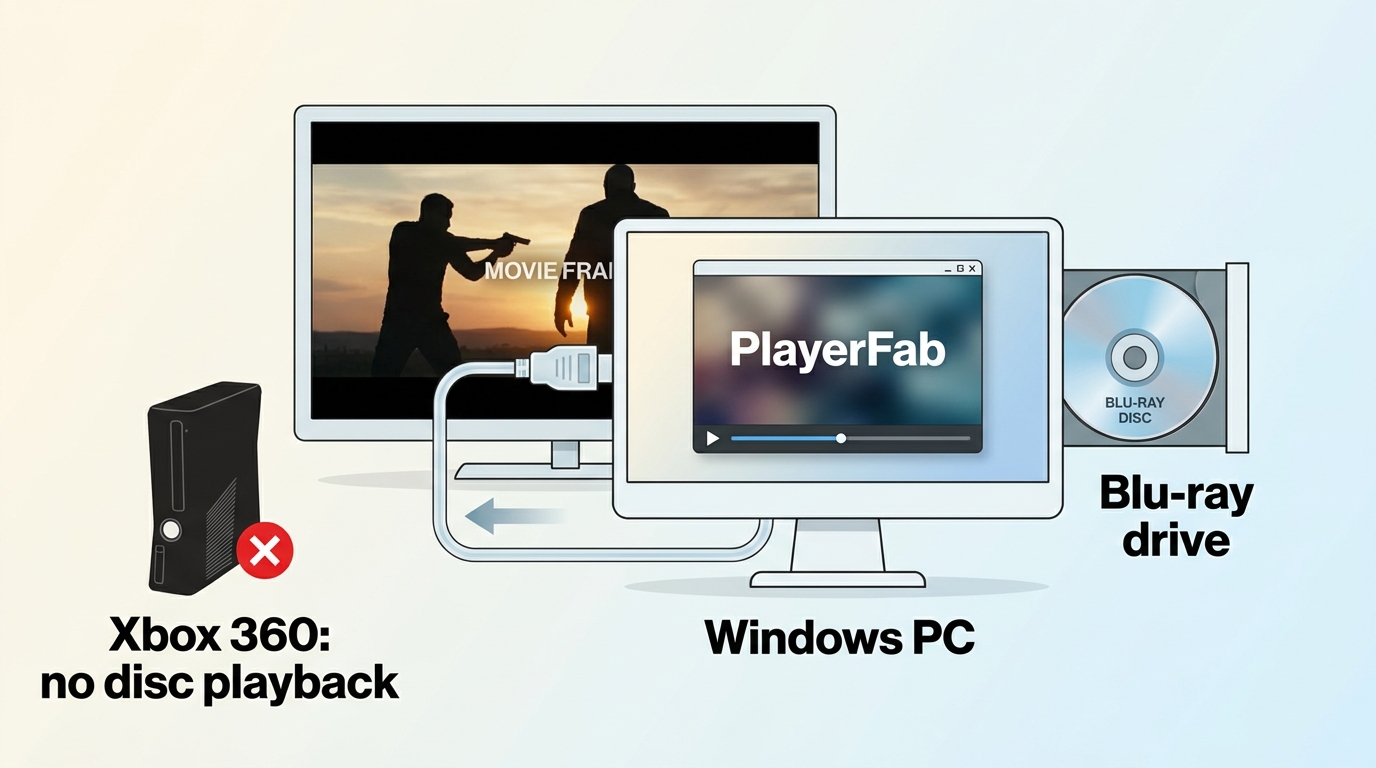 Ordinateur Windows avec un lecteur Blu-ray lisant un disque sur un téléviseur, tandis que la Xbox 360 reste séparée de la lecture des disques pl
