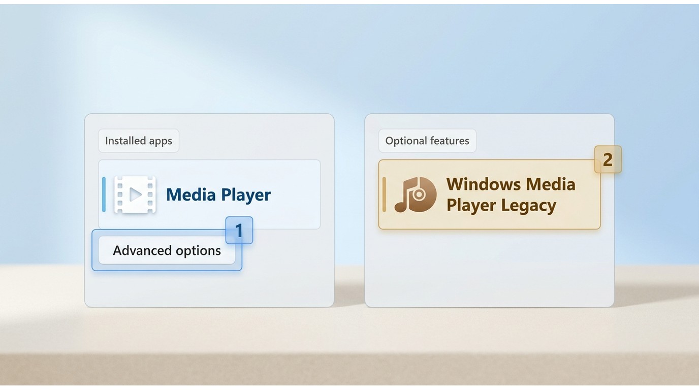 Windows settings comparison showing Media Player and Windows Media Player Legacy in different locati
