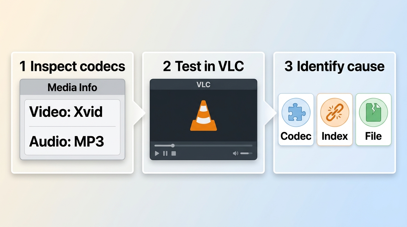 How to check an AVI file: inspect codecs, test in VLC, then separate codec issues from corruption.