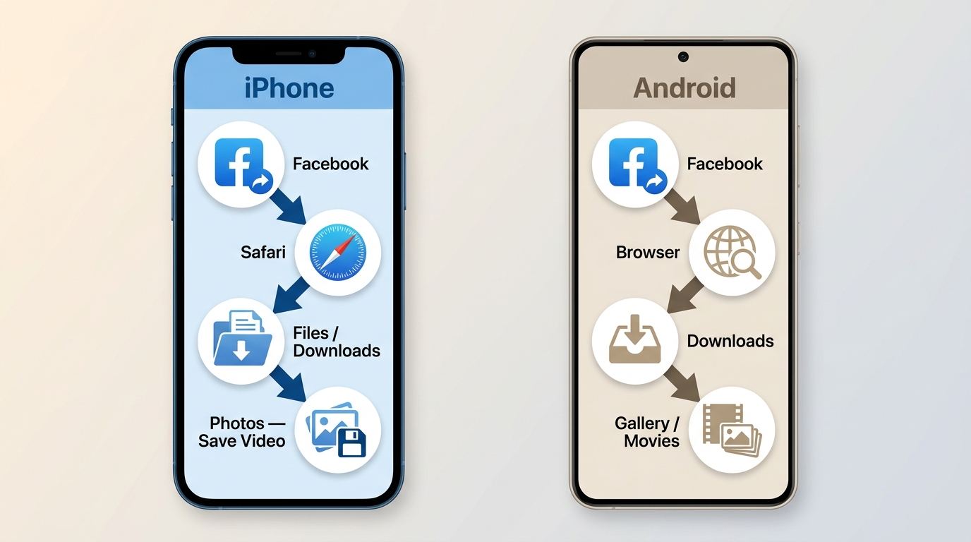 iPhone 与 Android 保存 Facebook 视频到相册的路径对比,显示 Downloads 到 Photos/Gallery 的最后一步