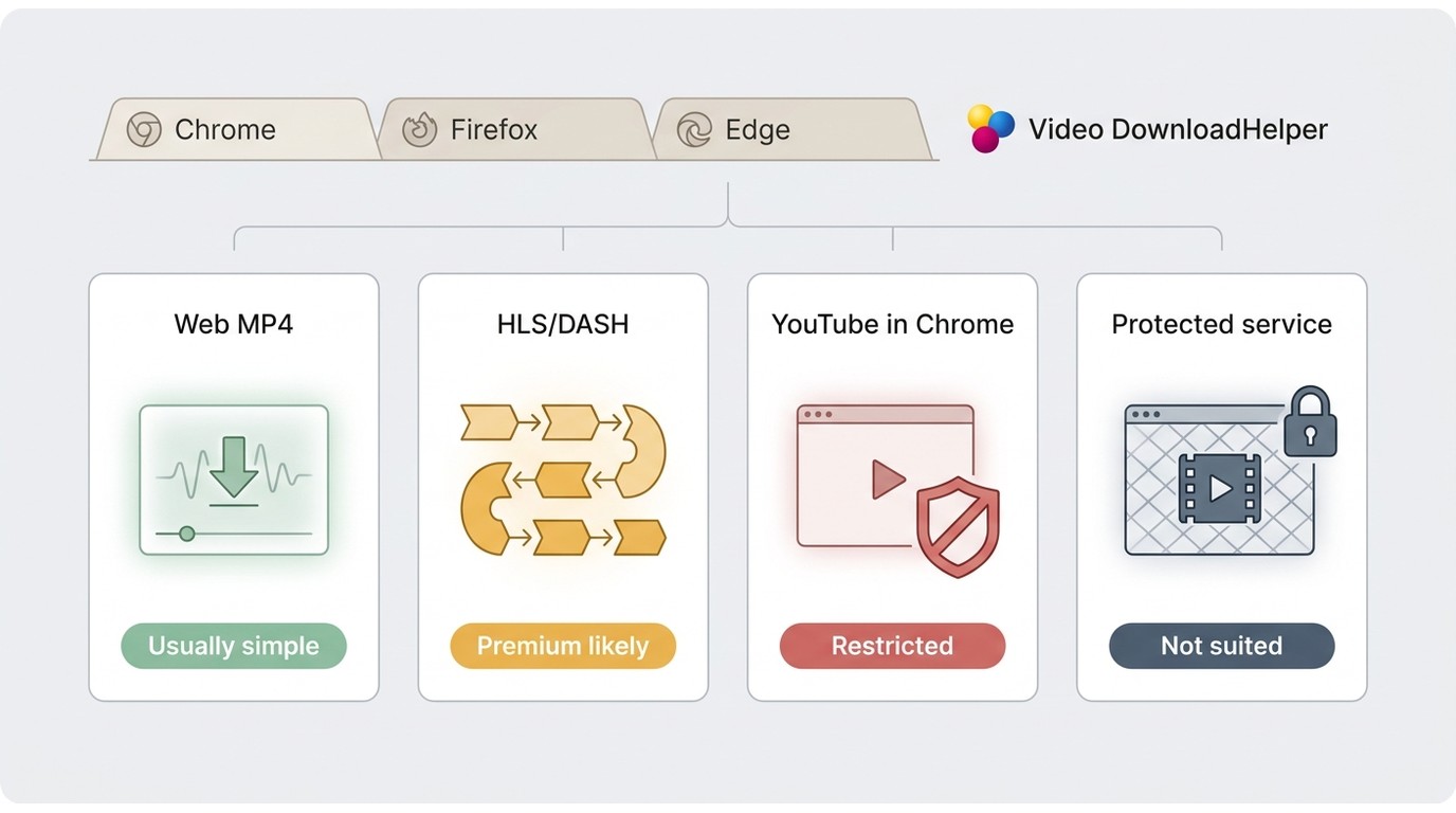 Video DownloadHelper task guide by browser, media type, and likely outcome
