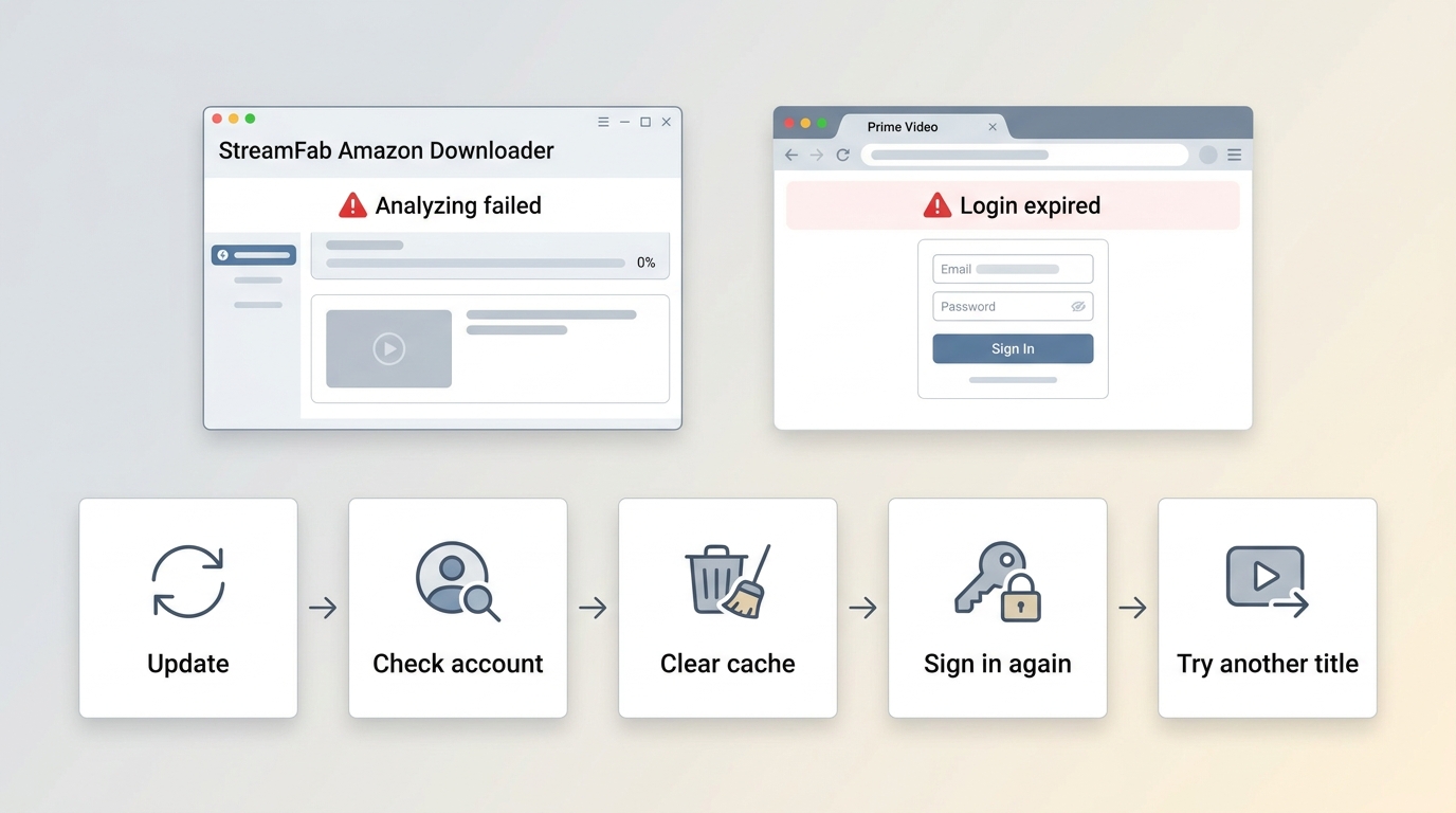 StreamFab troubleshooting steps for analyzing failed, login expired, region mismatch, and title-spec