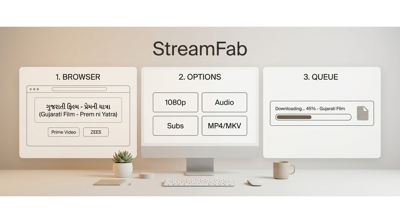 How to save a supported Gujarati movie in StreamFab from title selection to MP4 or MKV task start