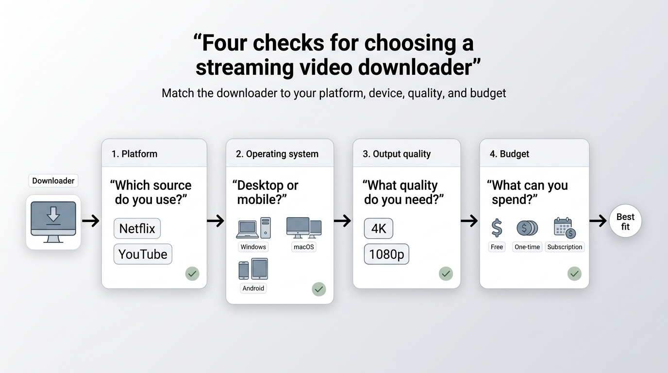 Four checks for choosing a downloader: source, OS, quality, and budget