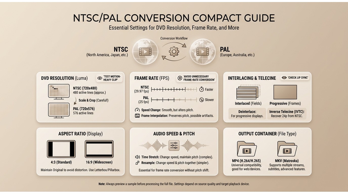 Key NTSC and PAL conversion settings: resolution, frame rate, interlacing, aspect ratio, and audio