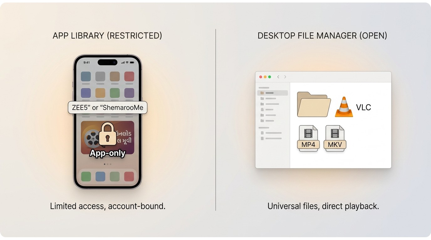 Comparison of app-only offline viewing versus MP4 or MKV files stored on a computer