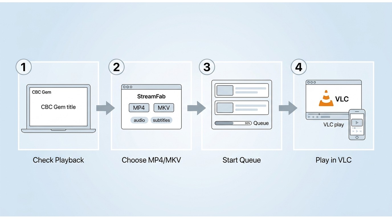 How to save a CBC Gem show with StreamFab, from title check to MP4/MKV playback in VLC