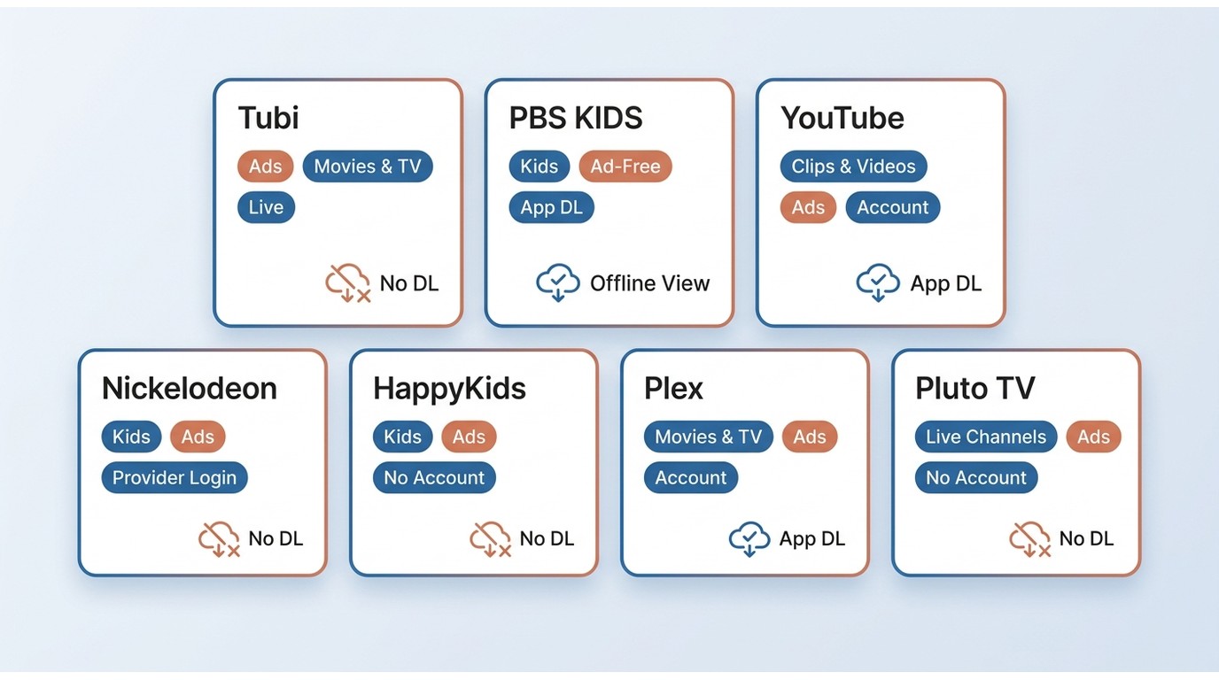 Comparison of Tubi, PBS KIDS, YouTube, Nickelodeon, HappyKids, Plex, and Pluto TV by ads, age fit, a