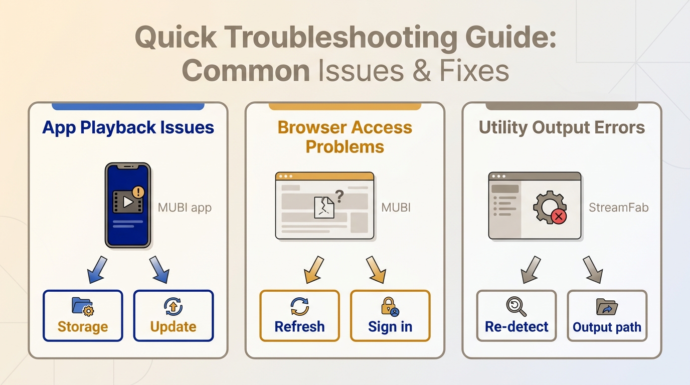 Troubleshooting flow for MUBI mobile download failures, browser issues, and StreamFab file problems.