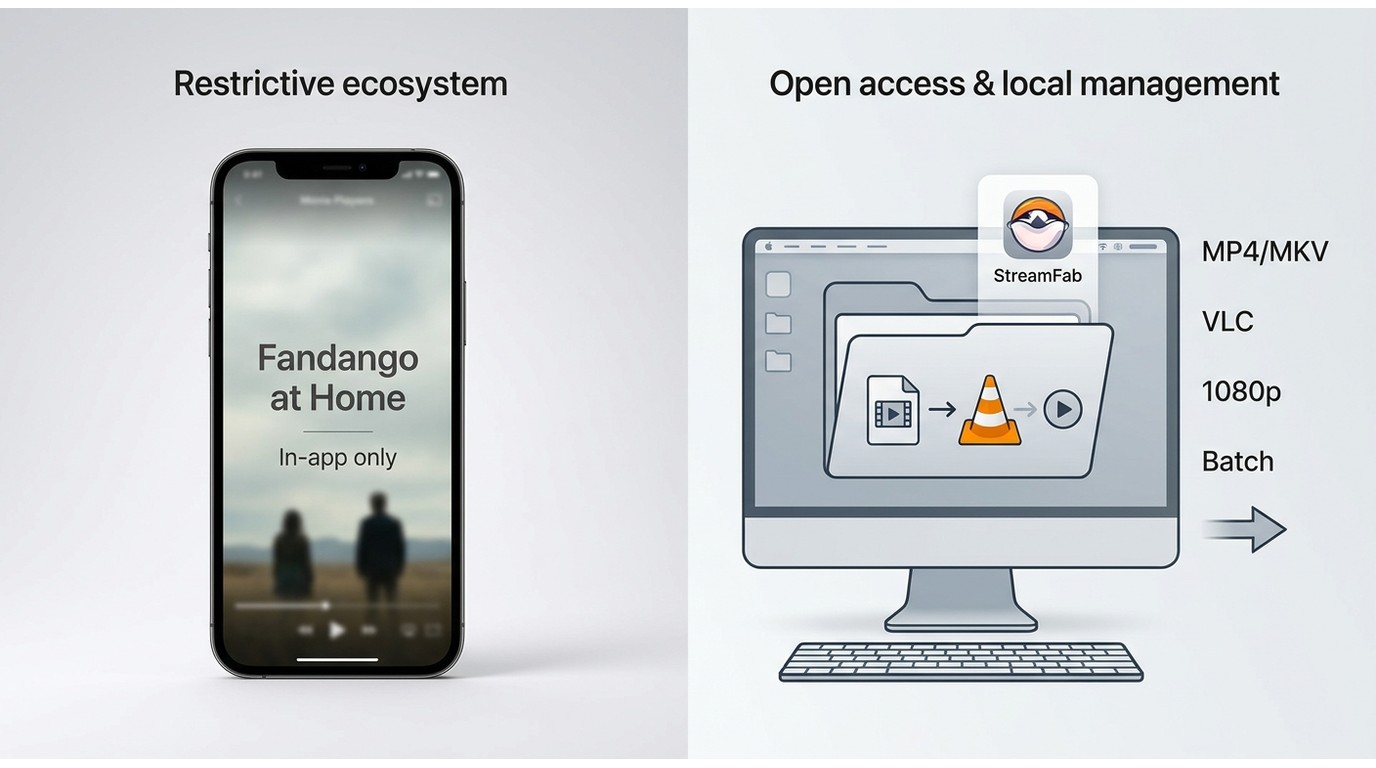 Difference between Fandango app-only mobile viewing and local files playable on a computer with VLC.