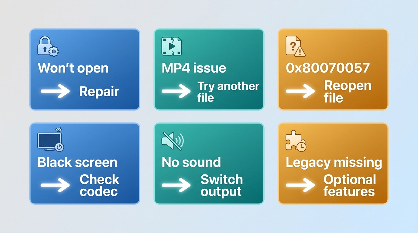 Troubleshooting flow from playback symptoms to the first recommended fix for Windows Media Player