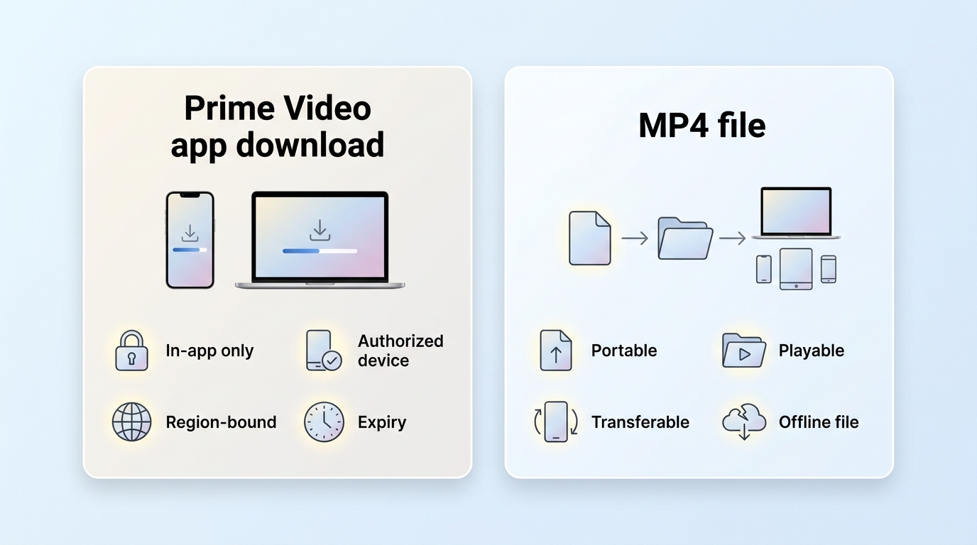 Comparison of Prime Video app downloads and MP4 files, showing cache restrictions vs portable playba
