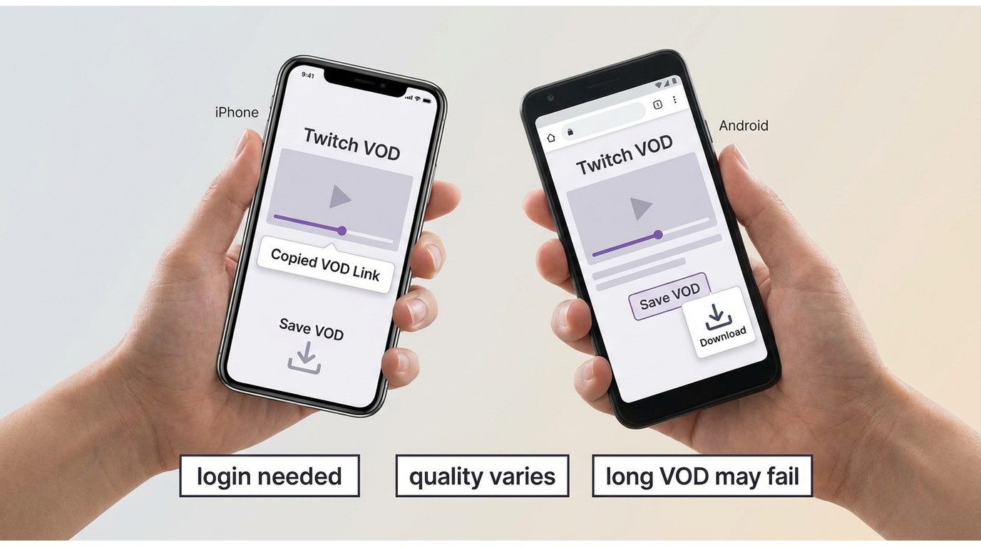 Twitch VOD saving on iPhone and Android with login, quality, and long-download limitations