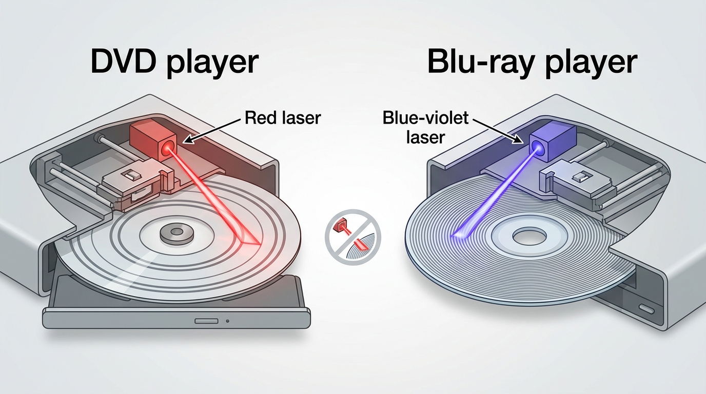 Comparaison entre un lecteur réservé aux DVD et un lecteur Blu-ray montrant des lasers différents et pourquoi le matériel DVD ne peut