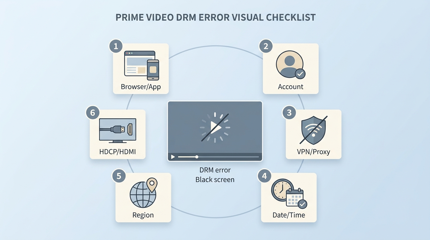 Prime Video DRM error checklist covering browser, app, account, network, region, and HDCP checks