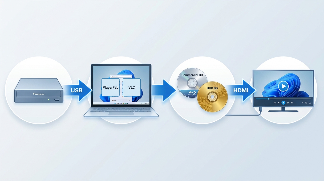 Windows Blu-ray setup with optical drive, player software, disc types, and display connection