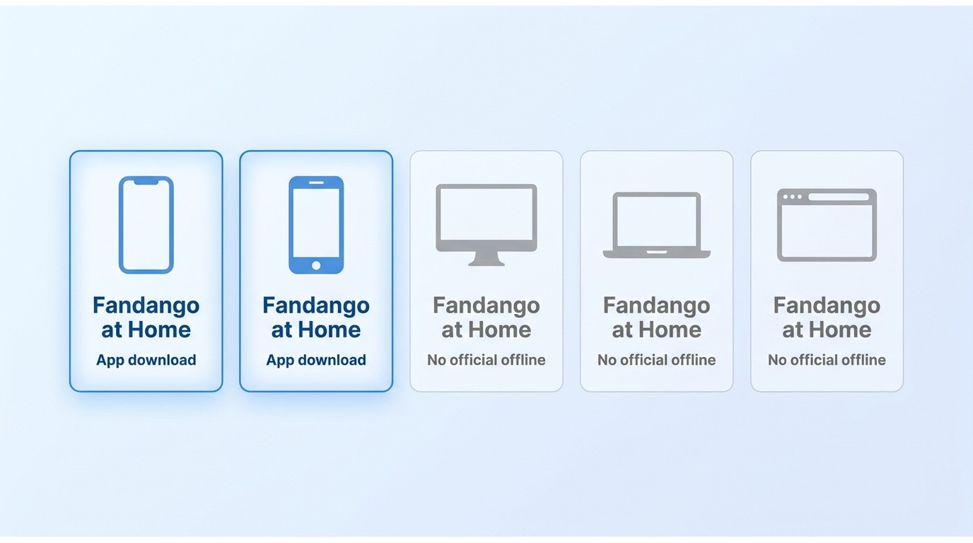 Comparison of Fandango at Home offline download support on mobile, Windows, Mac, and browser.