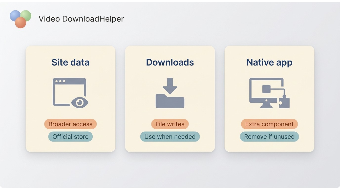 Comparison of Video DownloadHelper permissions, exposure, and ways to reduce risk