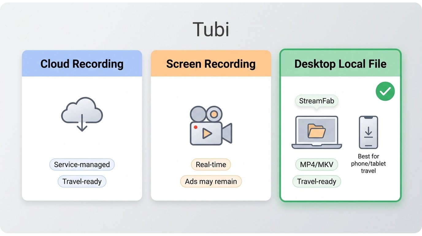 Comparison of Tubi offline methods: cloud recording, screen recording, and desktop local files for t