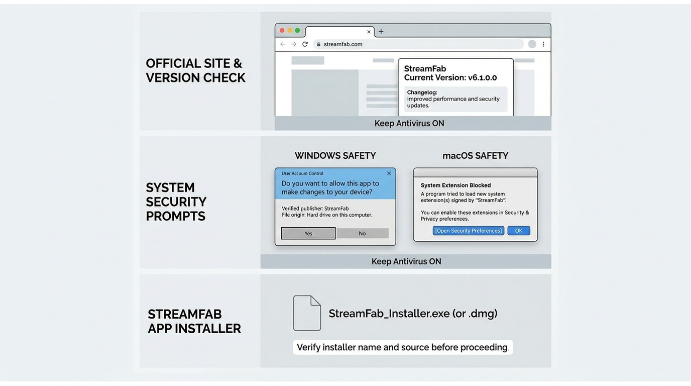 Steps to verify the official StreamFab download, check version, and keep system security enabled dur