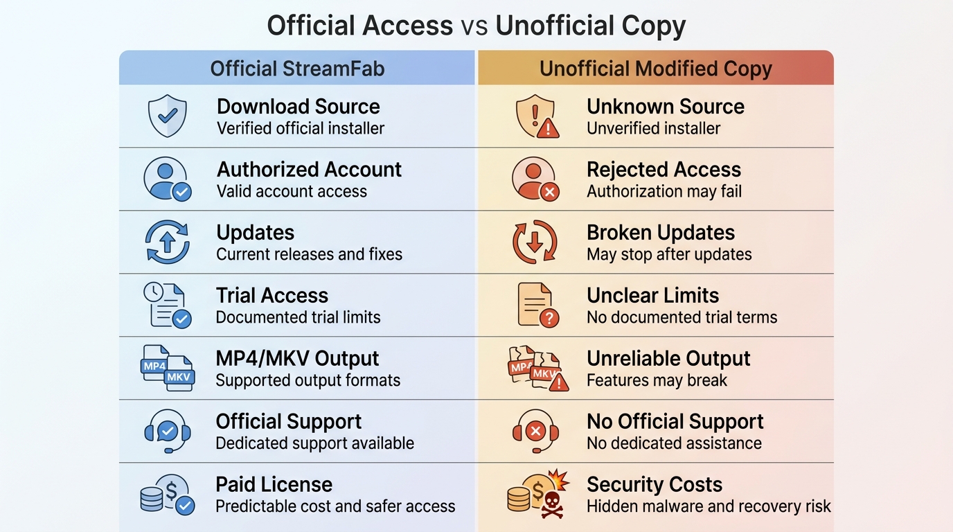 Comparison of official StreamFab and unofficial copies across source, updates, support, and MP4/MKV 