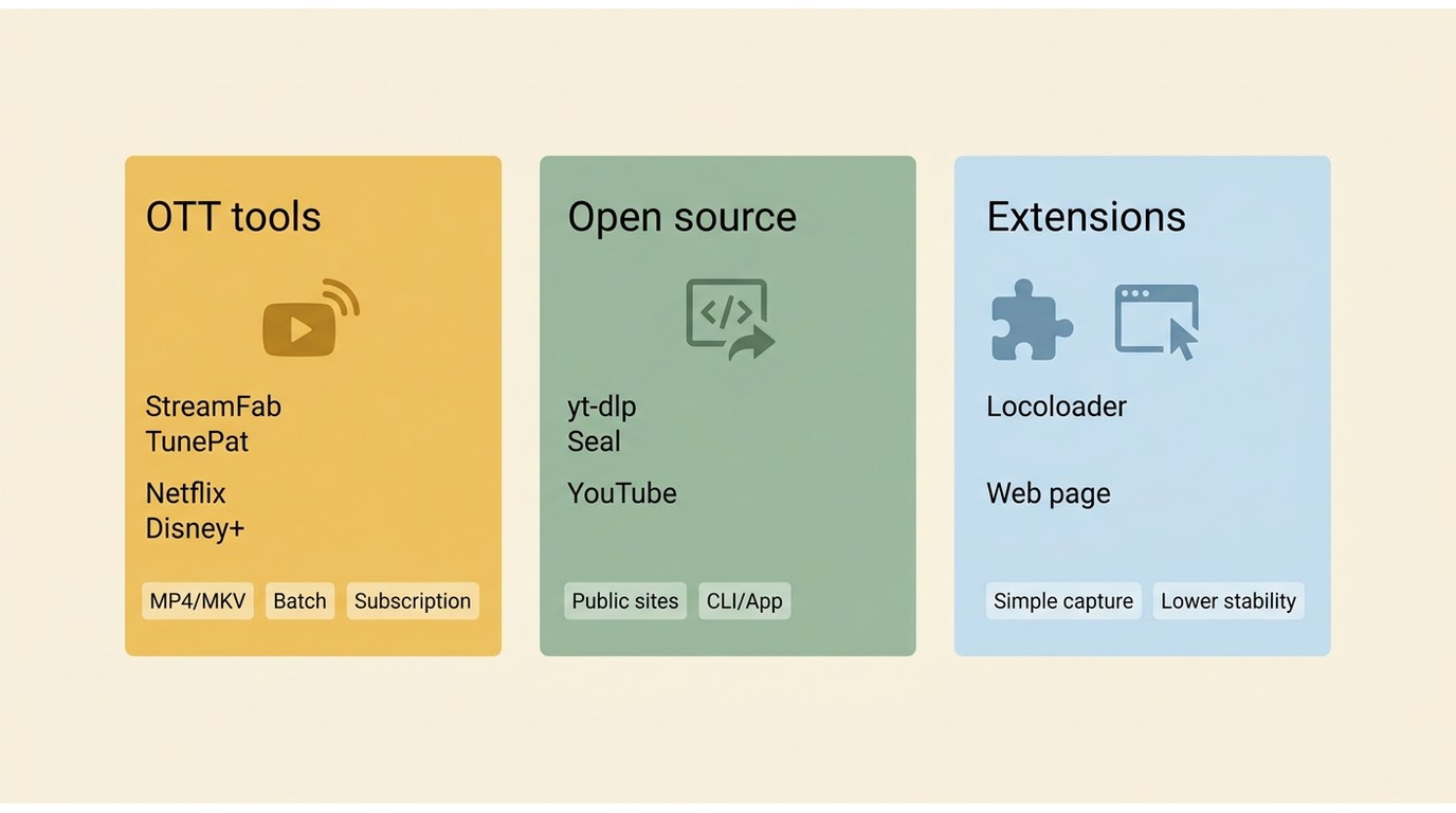 Comparison of StreamFab, yt-dlp, Seal, and Locoloader by source type and use case