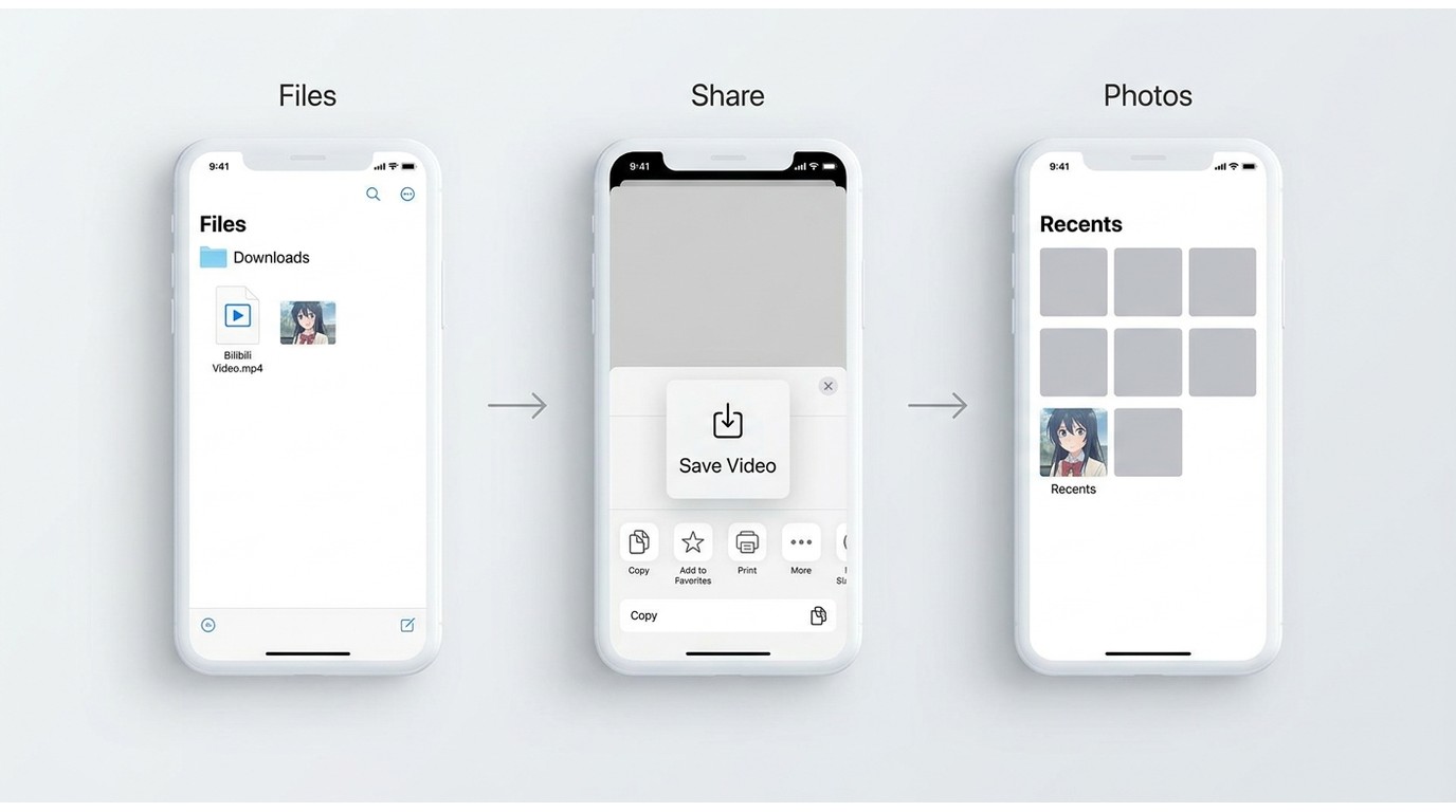 iPhone workflow for saving a Bilibili download from Files into Photos