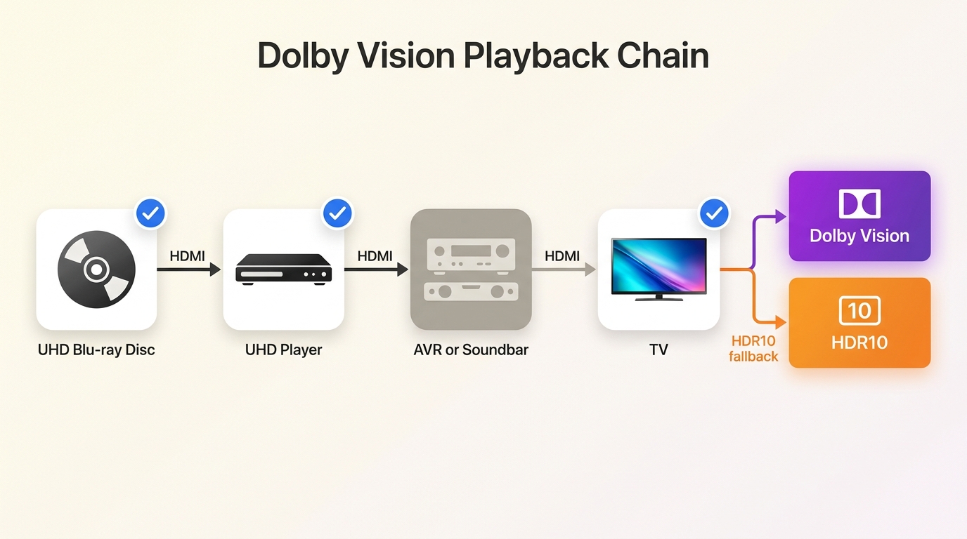 Chaîne de lecture Dolby Vision du disque UHD au lecteur, au récepteur et au téléviseur, avec des points de repli HDR10