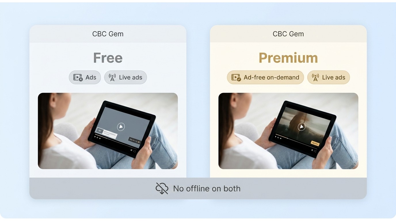 Comparison of CBC Gem Free and Premium showing ads difference but no offline downloads on either pla