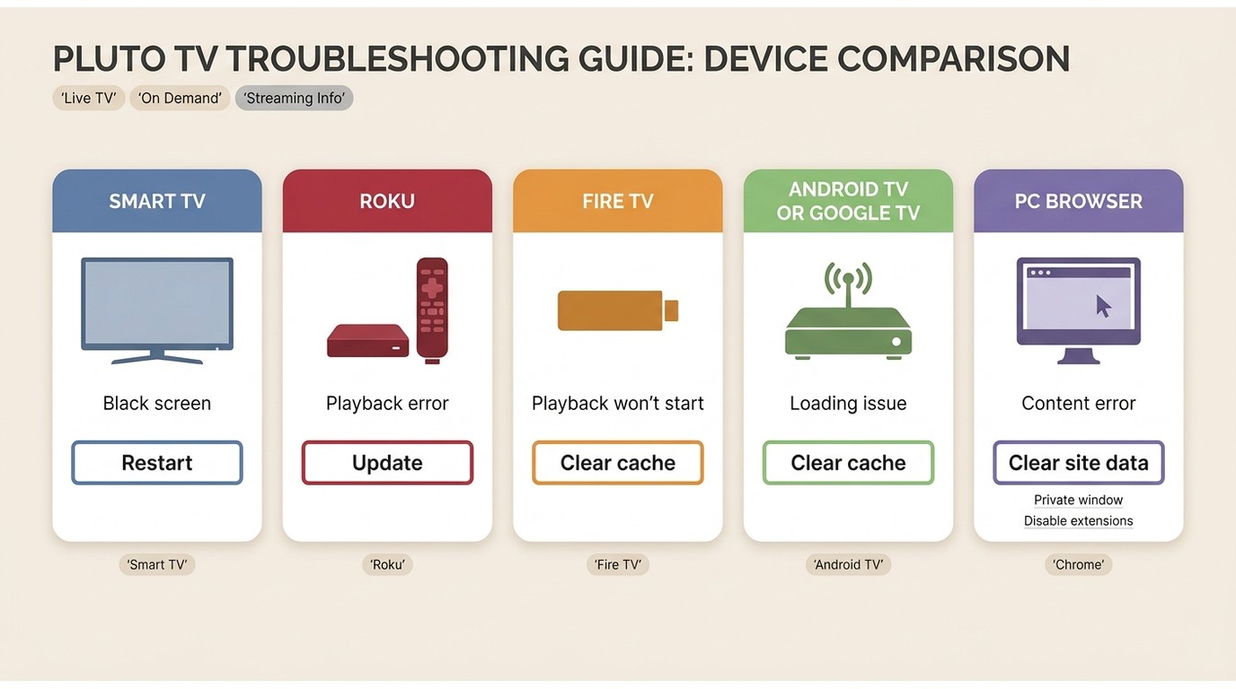 Comparison of Pluto TV fixes by device: Smart TV, Roku, Fire TV, Android TV, and browser.