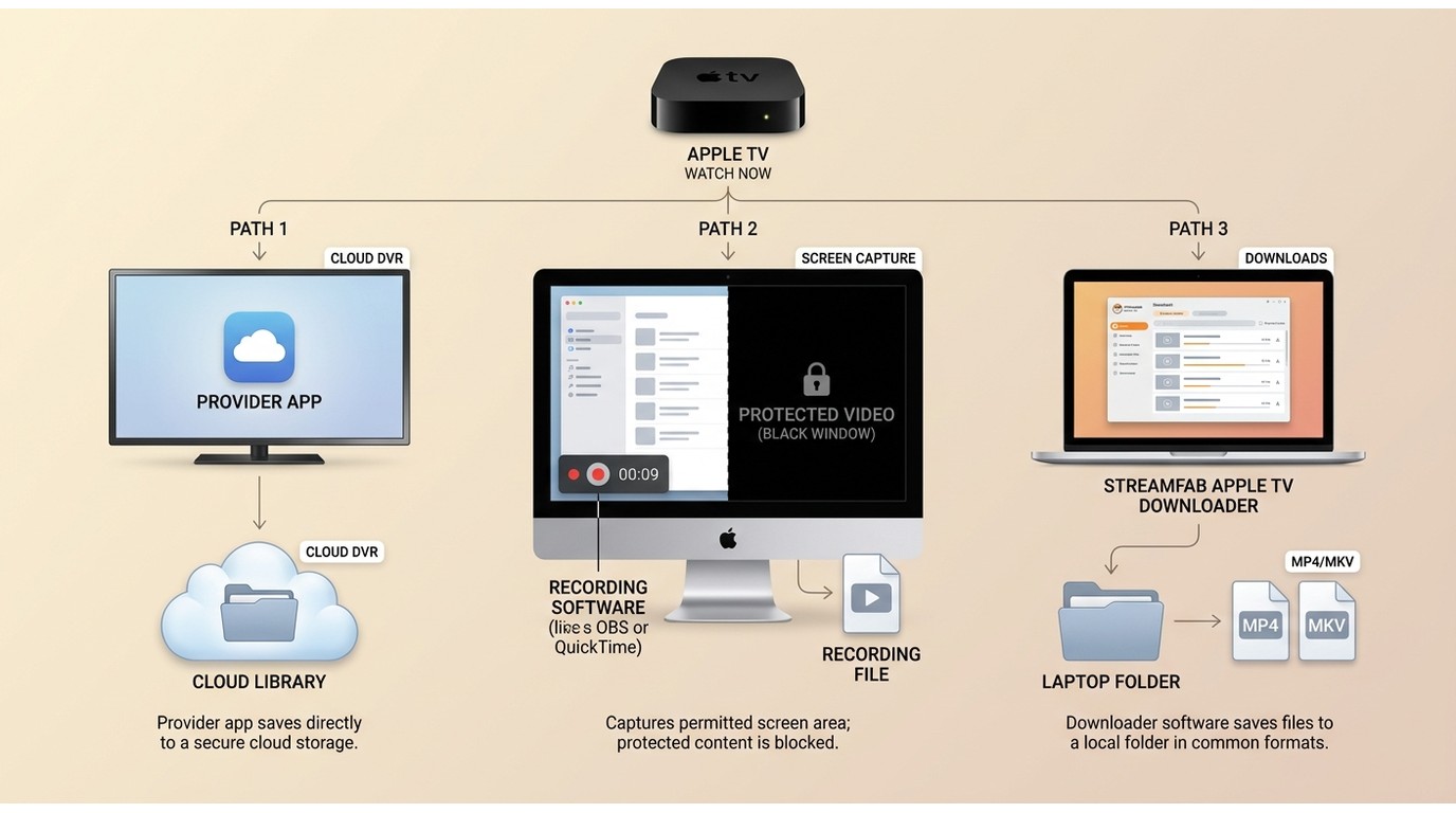 Three Apple TV options: cloud DVR, permitted screen capture, and local MP4 or MKV files