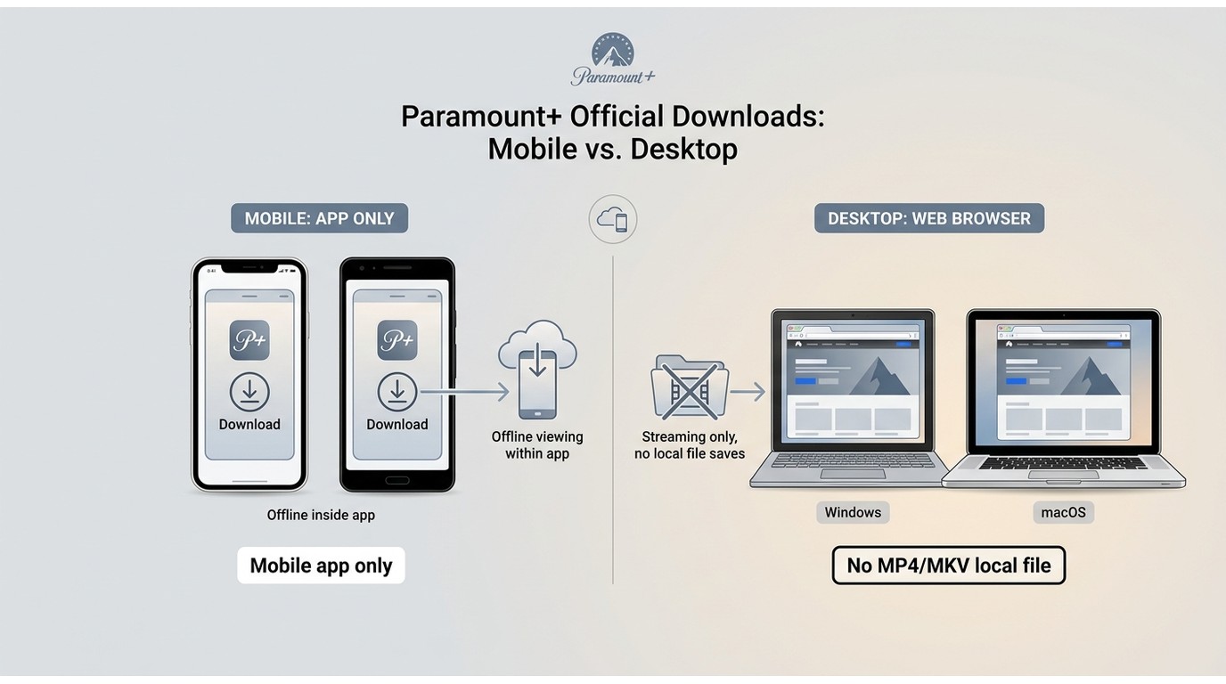 Comparison of Paramount+ mobile app downloads versus no MP4/MKV laptop file on Windows and macOS