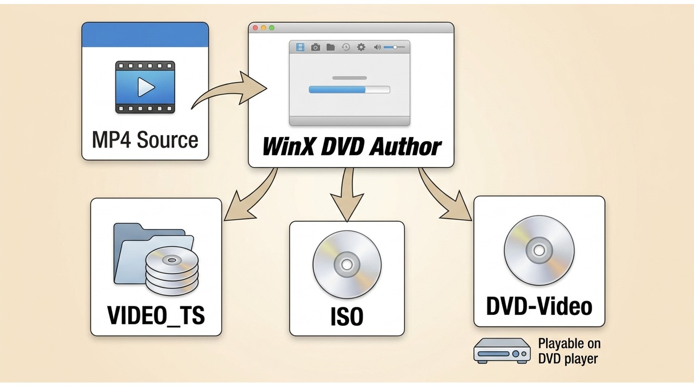 How WinX DVD Author turns an MP4 into VIDEO_TS or a playable DVD-Video disc