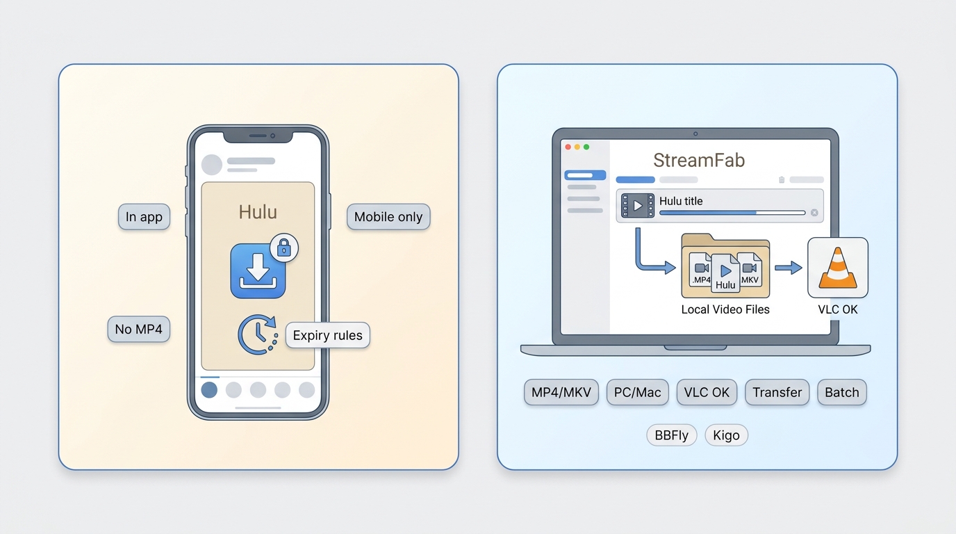 Comparison of Hulu app downloads and local MP4/MKV files on phone and computer