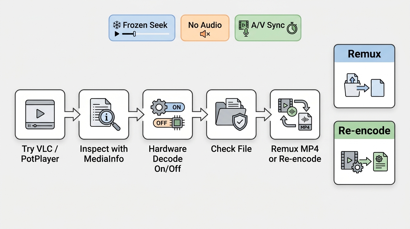 TS troubleshooting path using VLC, PotPlayer, MediaInfo, MP4 remuxing, and re-encoding