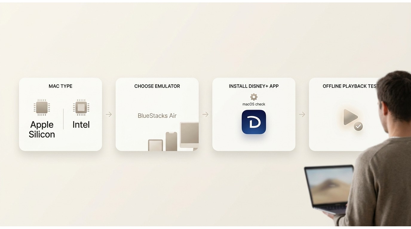 Mac hardware check flow for Android emulators and Disney+ playback testing