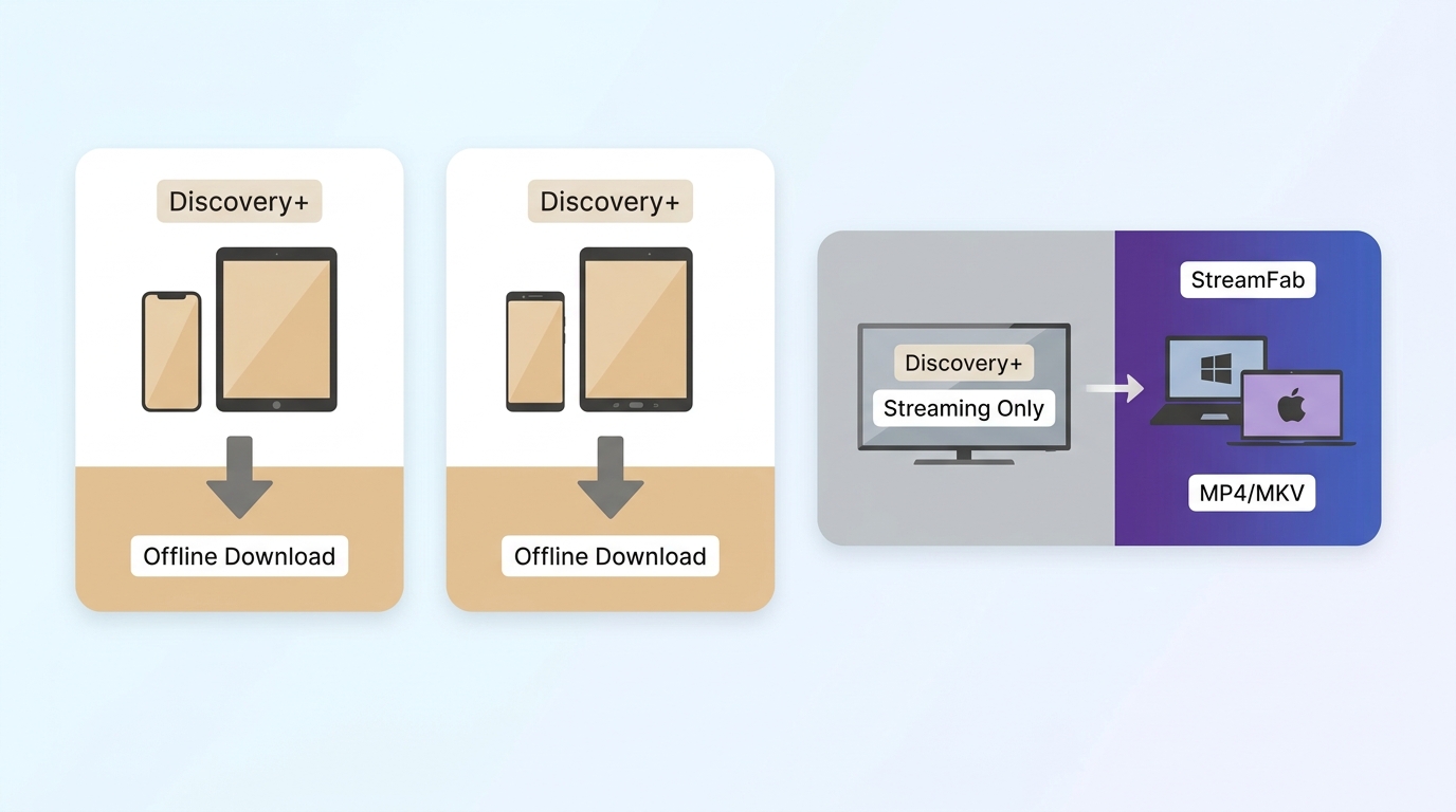 Discovery+ device support showing mobile downloads, TV streaming only, and StreamFab for Windows and