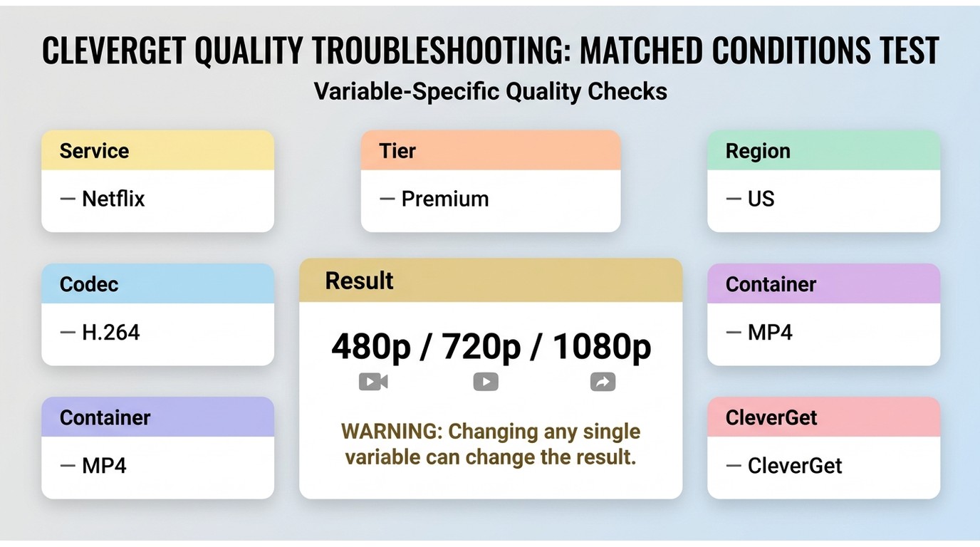 Comparison of CleverGet quality checks across service, account tier, region, codec, container, and r