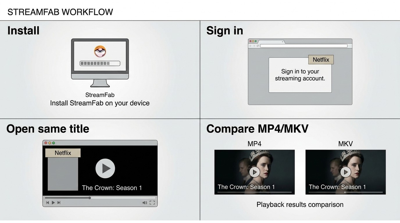 StreamFab fallback steps: install, sign in, open the same title, and compare the saved file