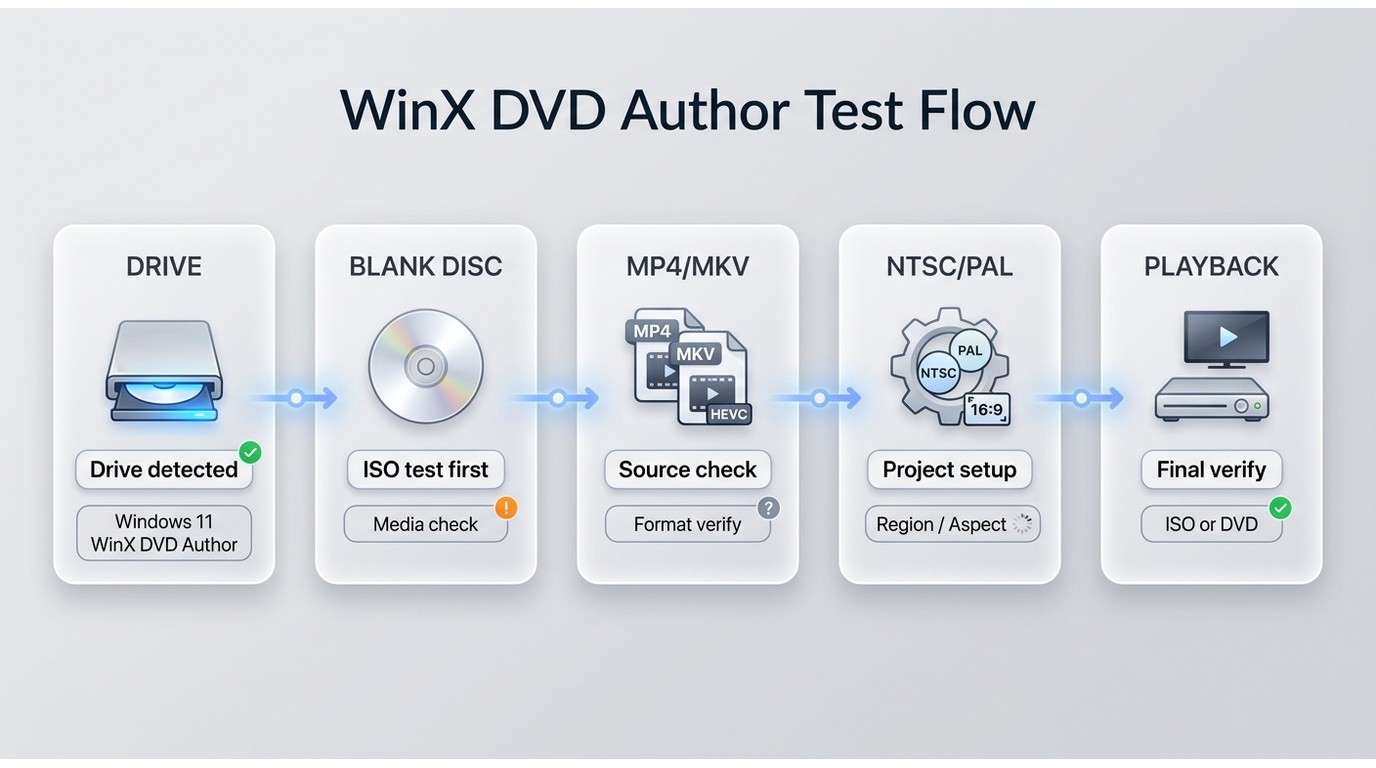 WinX DVD Author compatibility checks for drive, media, source format, settings, and playback