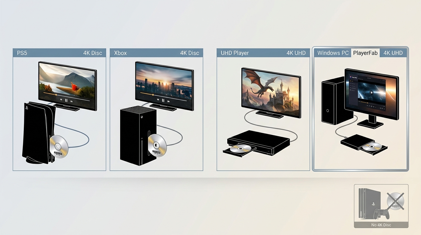 Comparison of PS5, Xbox, dedicated UHD player, and PlayerFab PC for 4K Blu-ray playback
